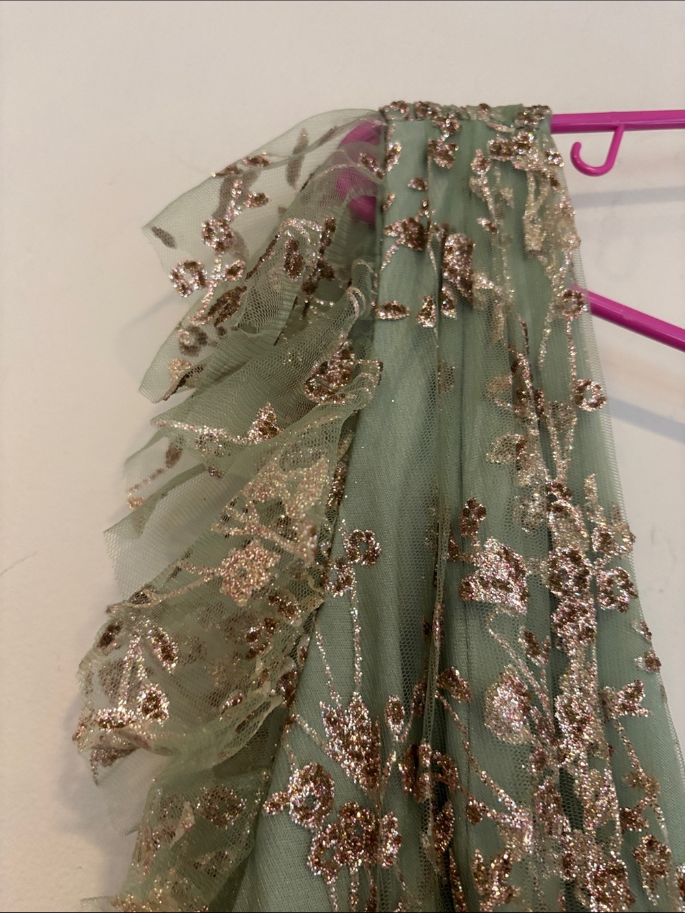 Baltic born Arden shimmer gown in sage+gold featuring a long V neckline - Picture 12 of 12